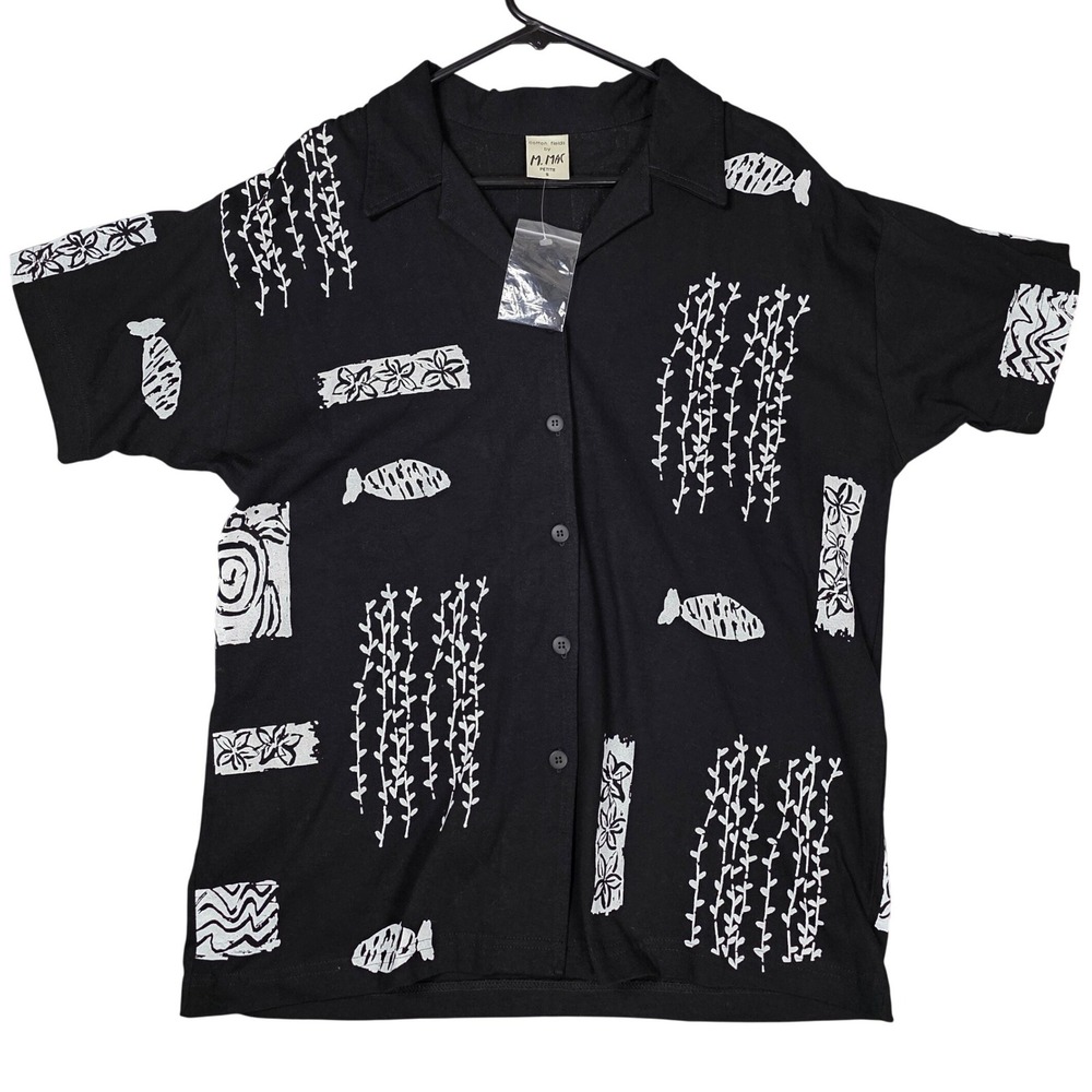 M.MAC Cotton Fields Black White Fish Floral‎ Print Button Down Shirt Petite S